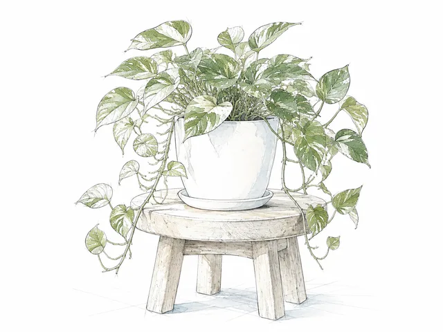 Sketch of a leafy plant in a ceramic pot on a wooden stool
